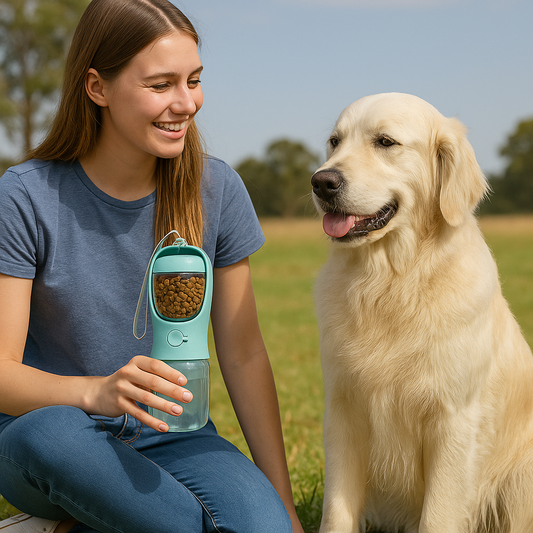 Portable Dog Water Bottle with Food Compartment – Leak-Proof Travel Design