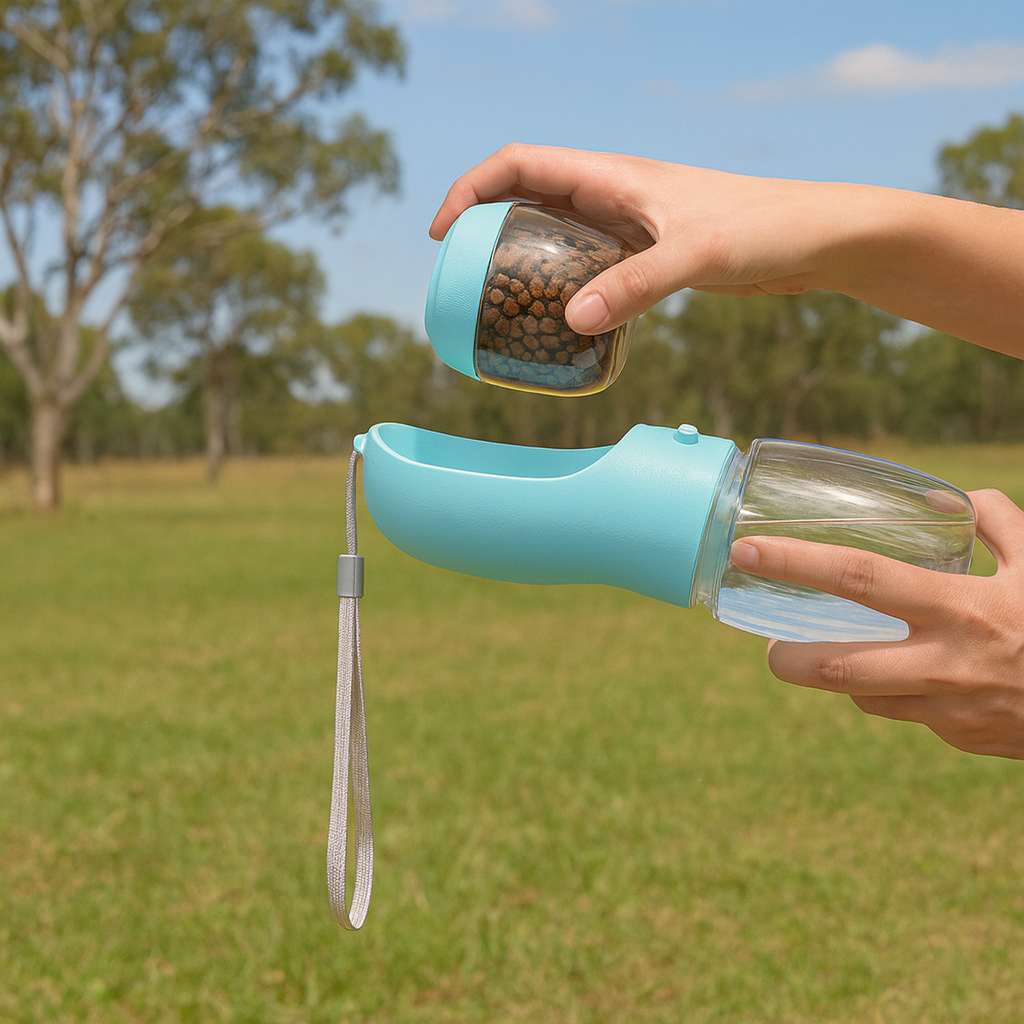 Portable Dog Water Bottle with Food Compartment – Leak-Proof Travel Design