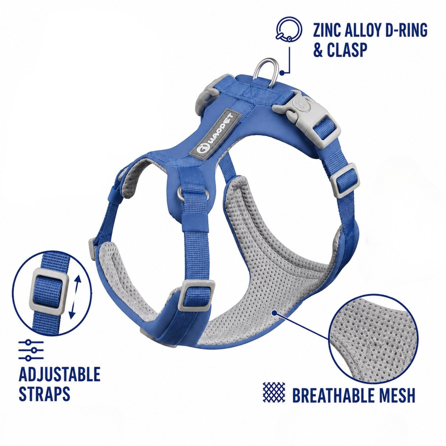Adjustable dog harness with breathable mesh lining and secure D-ring attachment