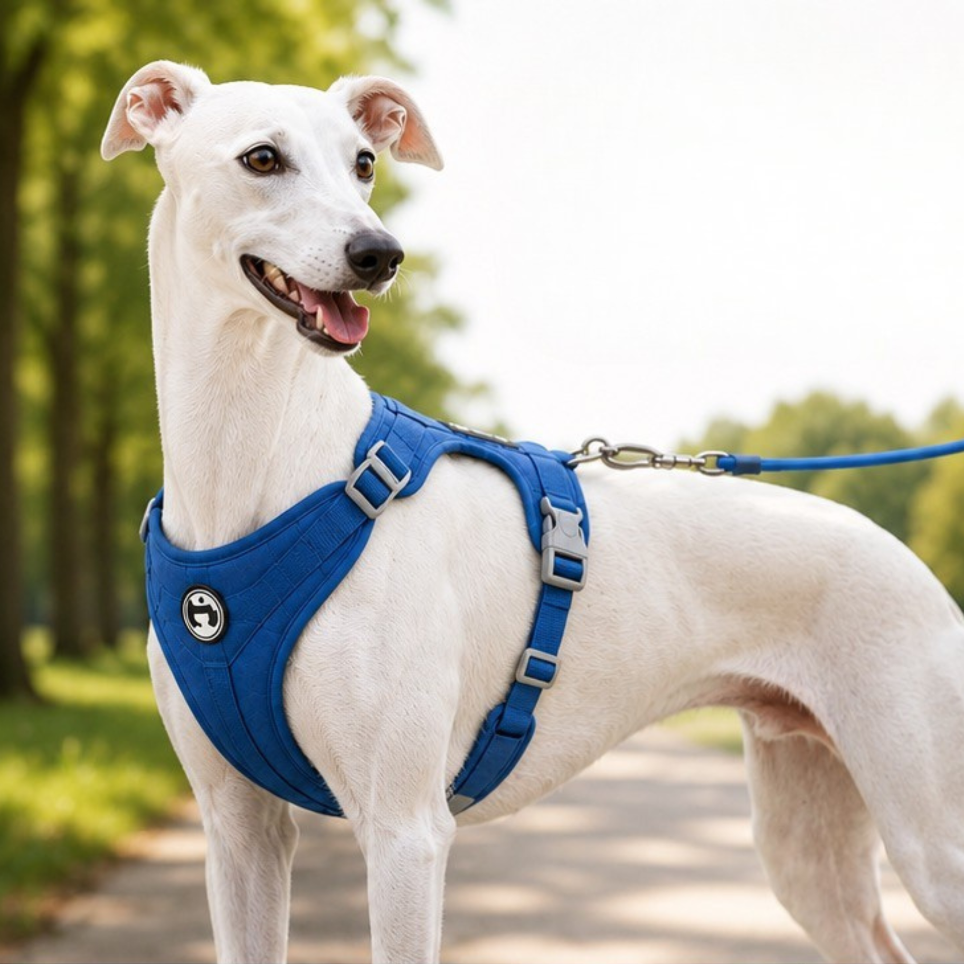 White whippet wearing an adjustable blue dog harness during a walk