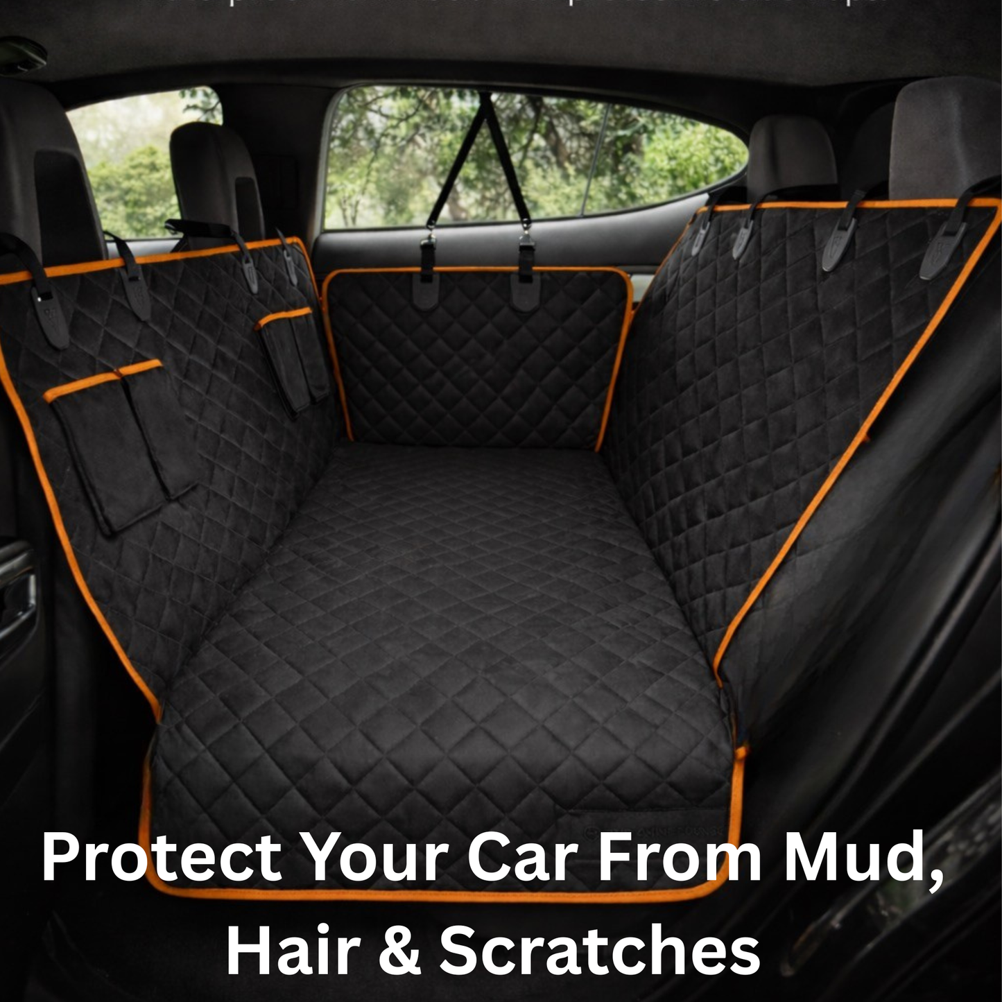 Waterproof dog car hammock seat cover protecting the back seat from mud, pet hair, and scratches during travel.