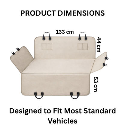 Dog car hammock seat cover dimensions showing 133 cm width and universal fit for most vehicles.