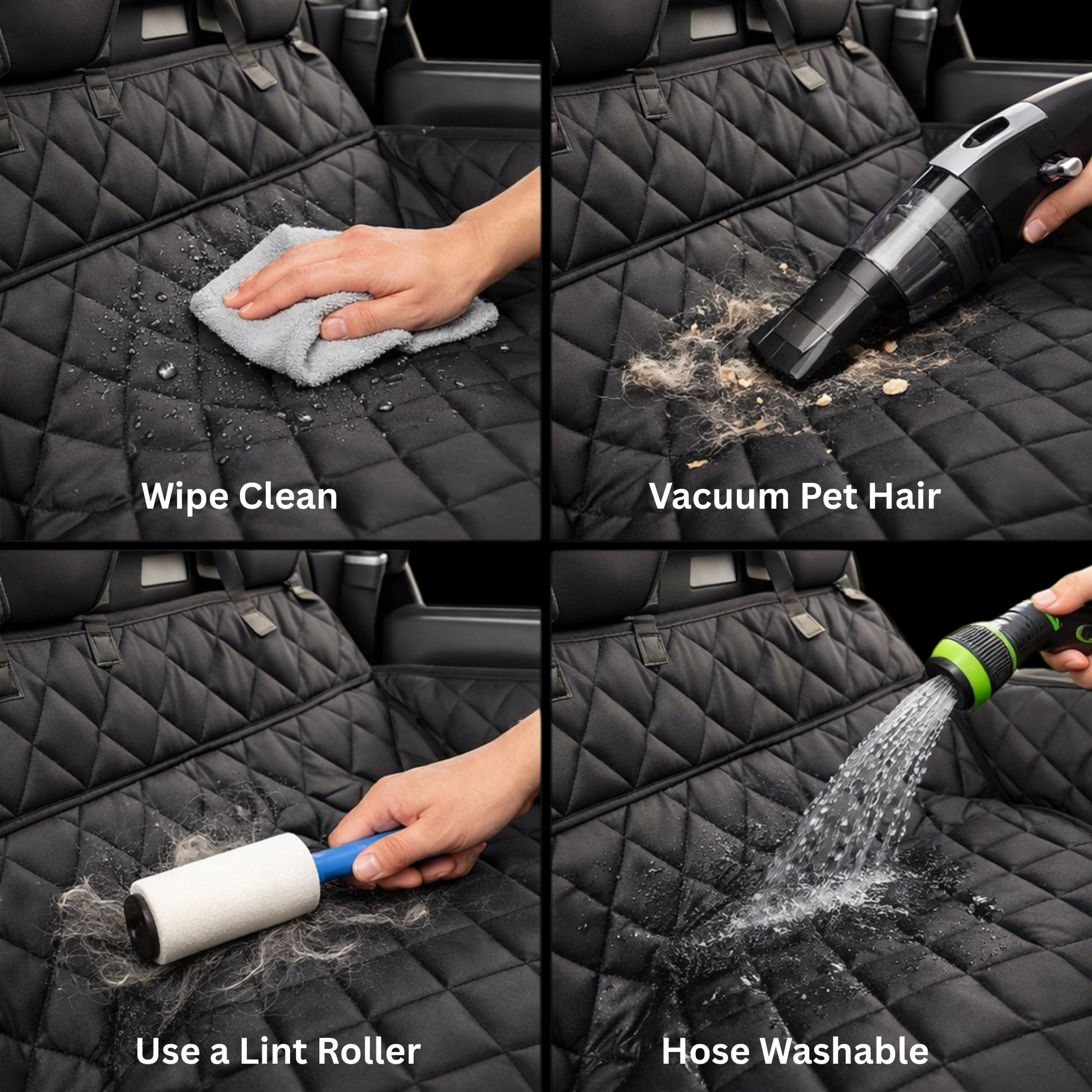 Waterproof dog car hammock seat cover that wipes clean, vacuums pet hair, works with lint rollers, and is hose washable