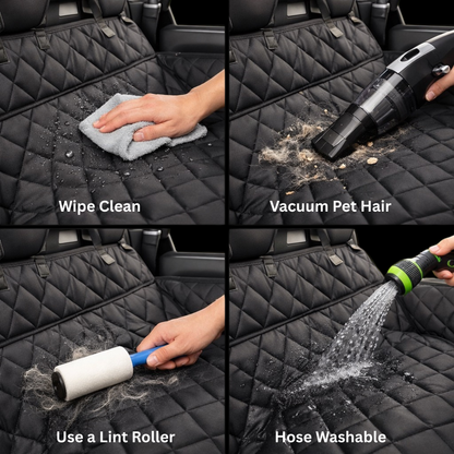 Waterproof dog car hammock seat cover that wipes clean, vacuums pet hair, works with lint rollers, and is hose washable