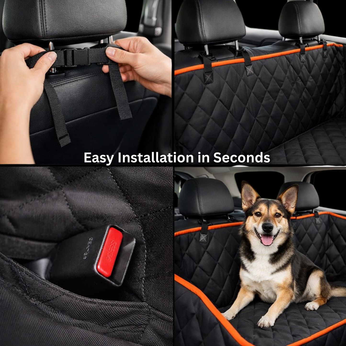 Dog car hammock seat cover with easy installation, headrest straps, and seat belt access for safe dog travel.