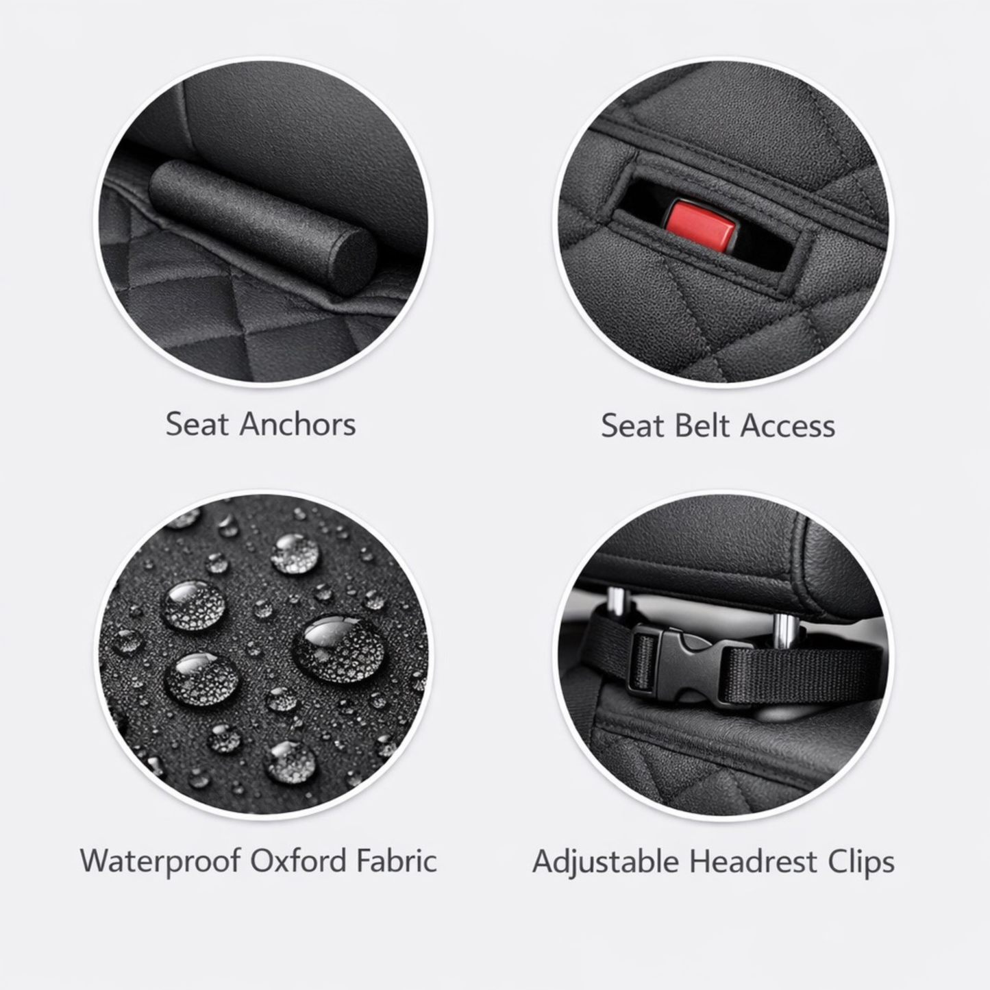 Waterproof dog car hammock seat cover with seat anchors, seat belt access, and adjustable headrest clips.