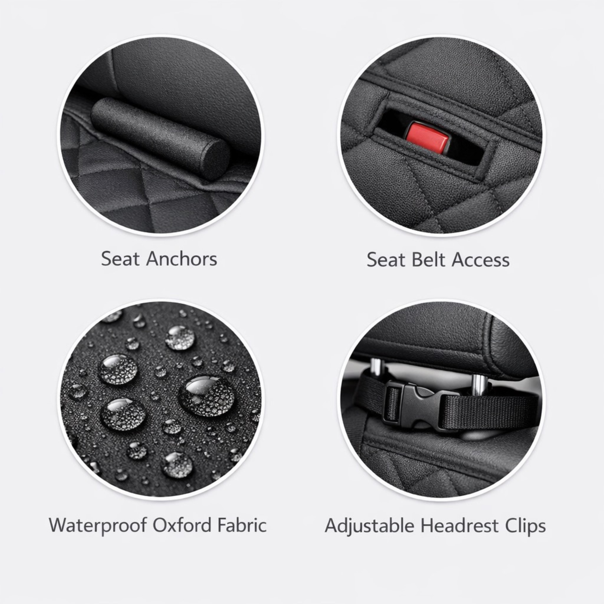 Waterproof dog car hammock seat cover with seat anchors, seat belt access, and adjustable headrest clips.