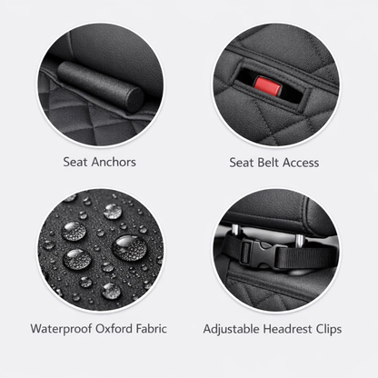 Waterproof dog car hammock seat cover with seat anchors, seat belt access, and adjustable headrest clips.