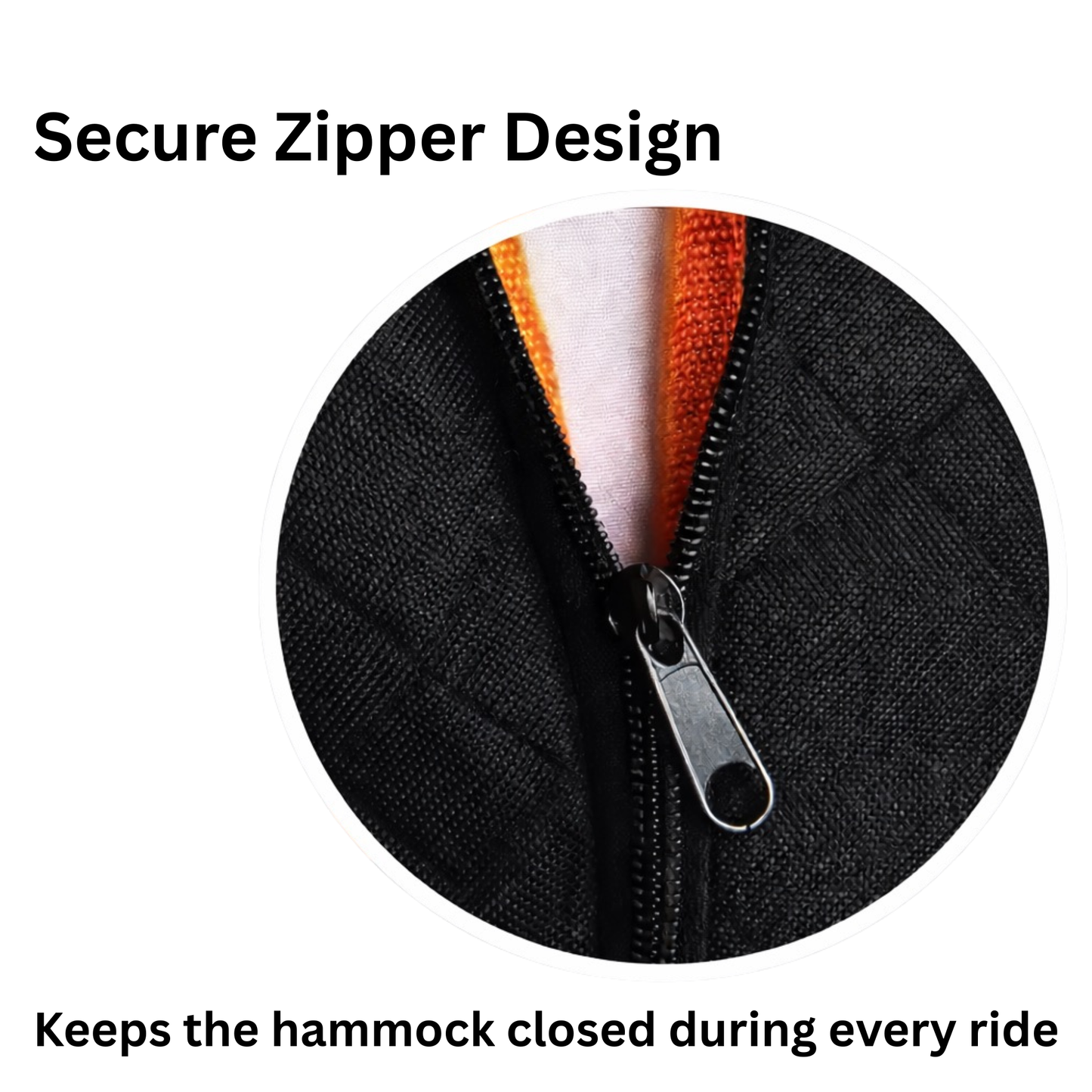 Secure zipper design on a waterproof dog car hammock seat cover that keeps the hammock closed during travel.