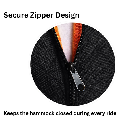 Secure zipper design on a waterproof dog car hammock seat cover that keeps the hammock closed during travel.