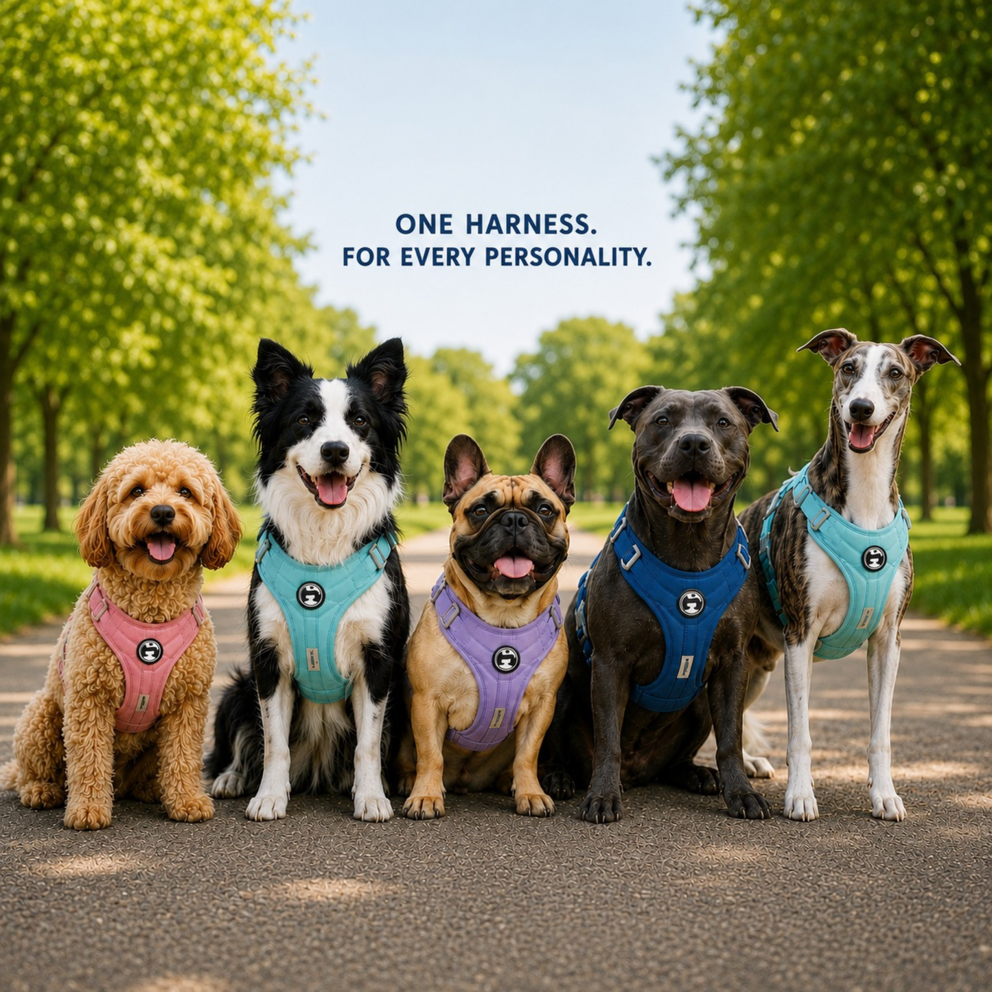 Adjustable dog harness shown on different dog breeds including a whippet, border collie, french bulldog, staffy and poodle
