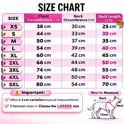 Dog raincoat size chart showing chest, neck and back length measurements with fitting guide.