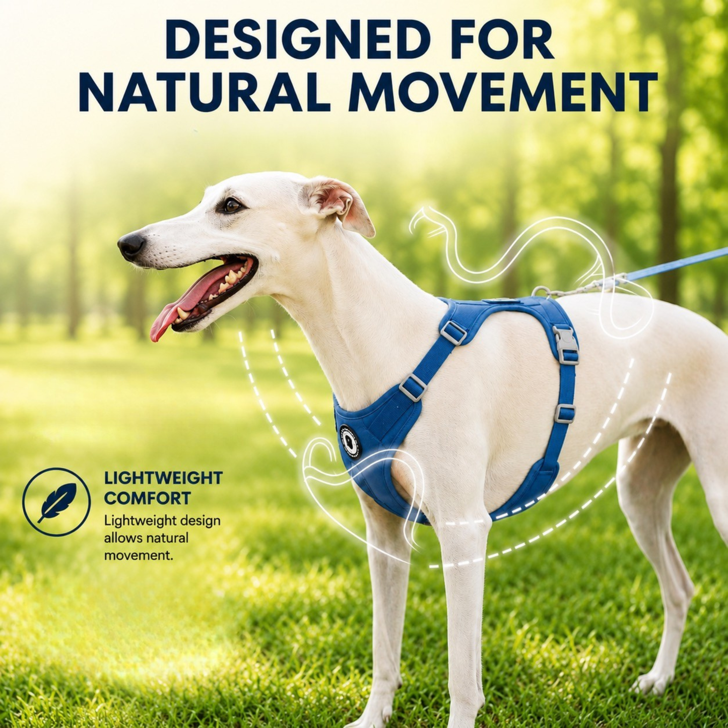 White whippet wearing an adjustable dog harness designed for natural movement and everyday comfort