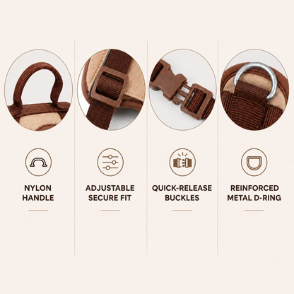 Reflective dog harness showing handle, adjustable straps, quick-release buckles and metal D-ring
