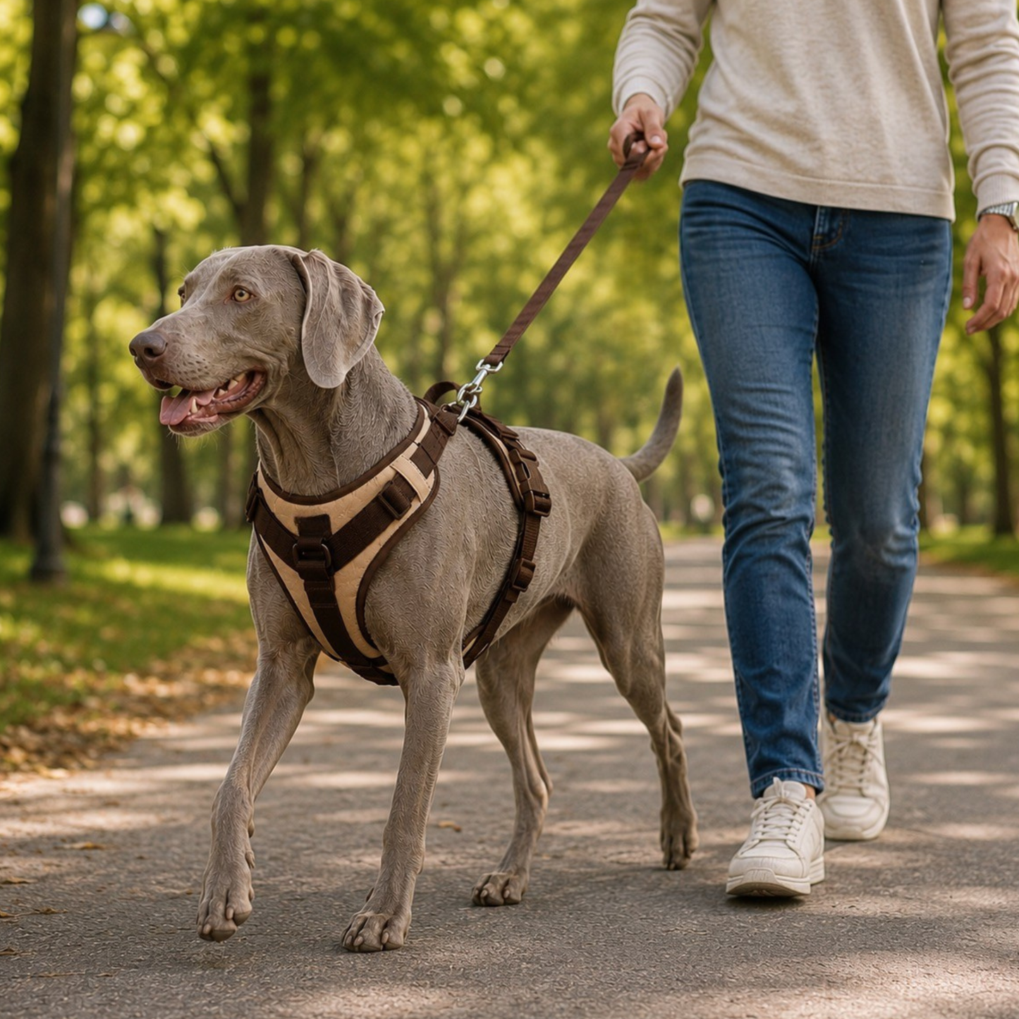 Dog wearing a Mocha reflective dog harness during an everyday walk
