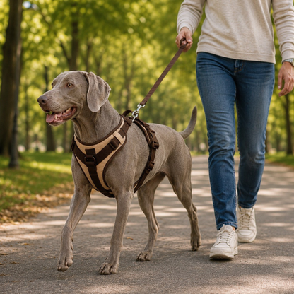 Dog wearing a Mocha reflective dog harness during an everyday walk
