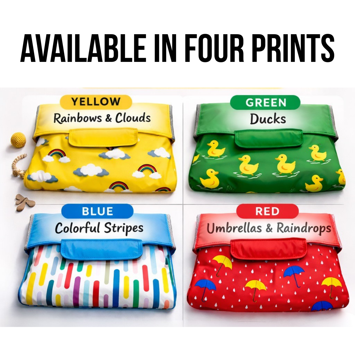 Dog raincoat available in four prints: rainbows and clouds, ducks, colorful stripes, and umbrellas