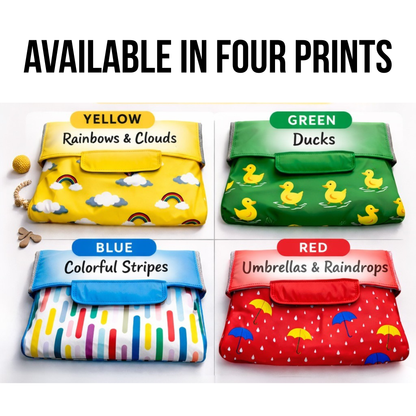Dog raincoat available in four prints: rainbows and clouds, ducks, colorful stripes, and umbrellas