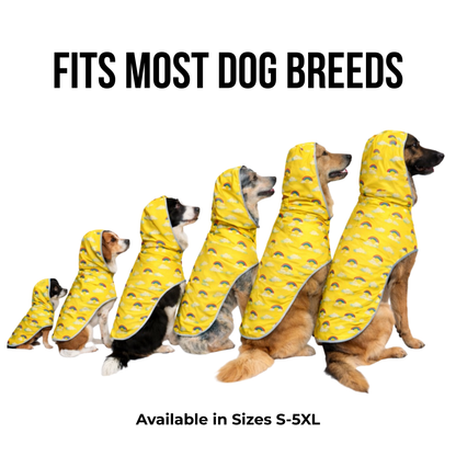 Waterproof dog raincoat worn by different dog breeds to show size range