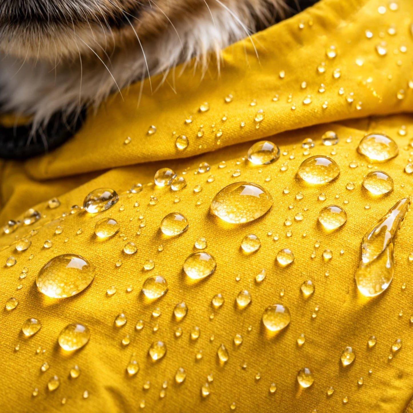 Close-up of waterproof dog raincoat fabric showing water droplets beading on the surface